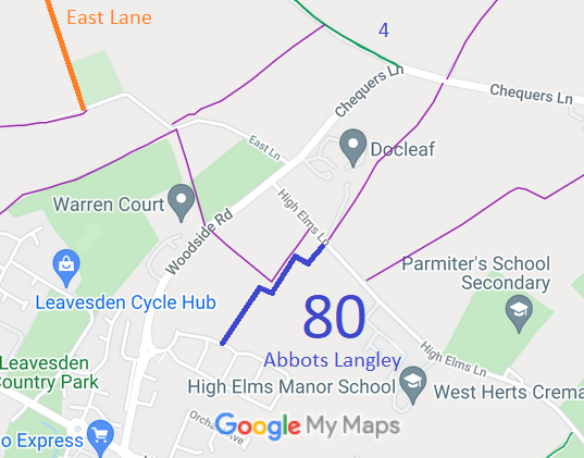Map showing Woodside Road BW, Abbots Langley