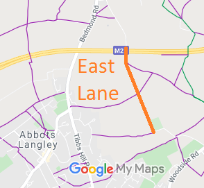 Map showing East Lane, Abbots Langley