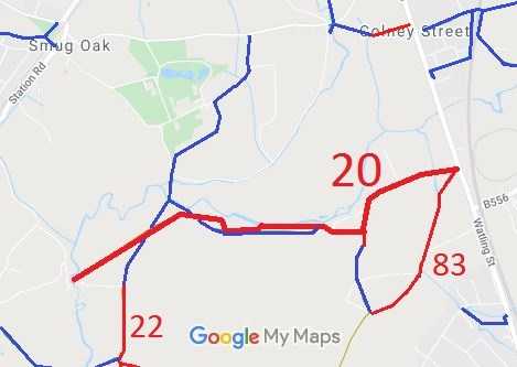 Map showing Aldenham 20 restricted byway