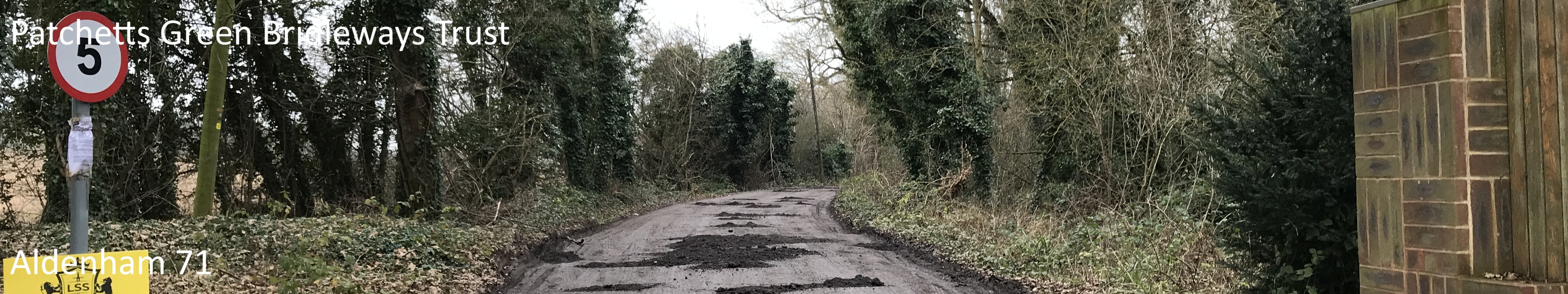 Photograph of Aldenham 71 bridleway taken in 2022 showing unsurfaced track between two tree and hedge lines