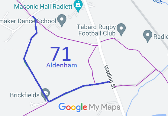 Map showing recorded Aldenham paths including Aldenham 71 at the Brickfields