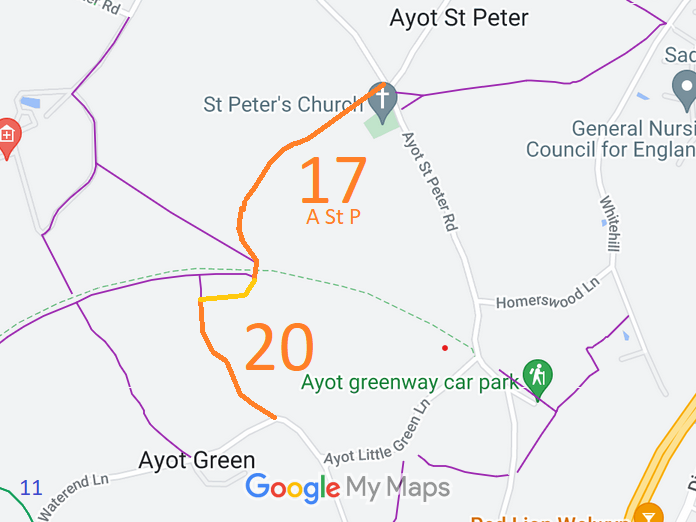 Map showing recorded Ayot St Peter paths
