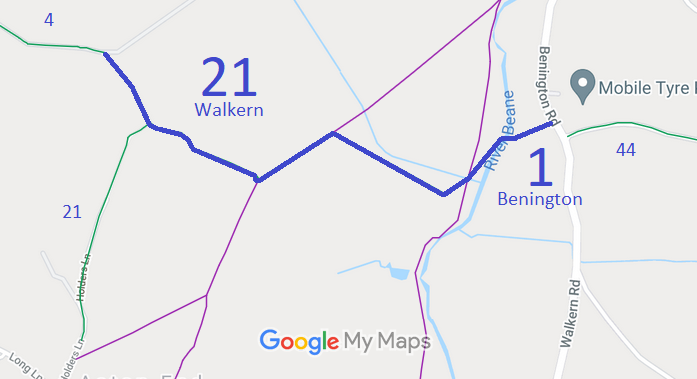 Map showing Benington 1 and Walkern 21 Bridleway