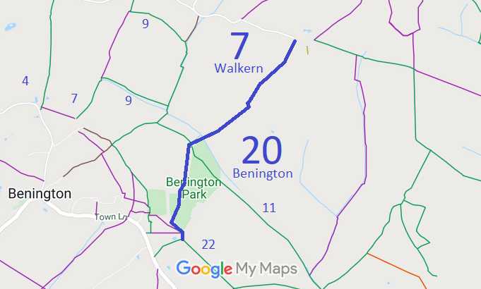 Map showing Walkern 7 and Benington 20 Bridleway