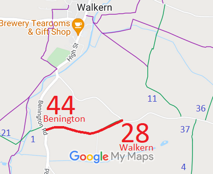 Map showing Benington 44 and Walkern 28 Bridleways