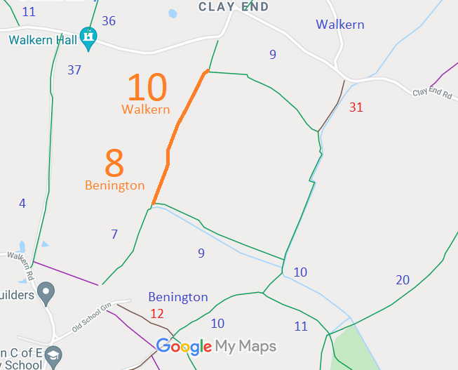 Map showing Walkern 10 and Benington 8 Bridleway
