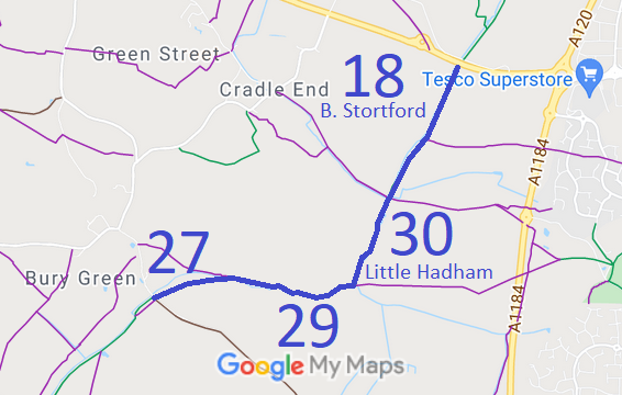 Map showing Little Hadham 27, 29, 30 and Bishops Stortford 18