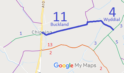 Map showing Buckland 11 and Wyddial 4