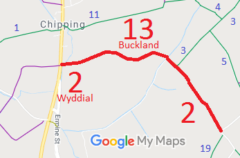 Map showing Buckland 13 and Wyddial 2