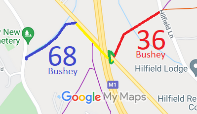 Map showing Bushey 36 bridleway, Bushey 68 bridleway and A41 crossing