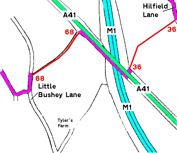 Map showing Bushey 36 bridleway, Bushey 68 bridleway and A41 crossing