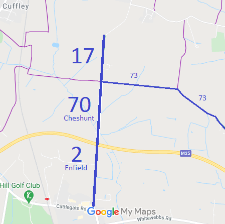 Map showing Cheshunt 17 and 70 and Enfield 2