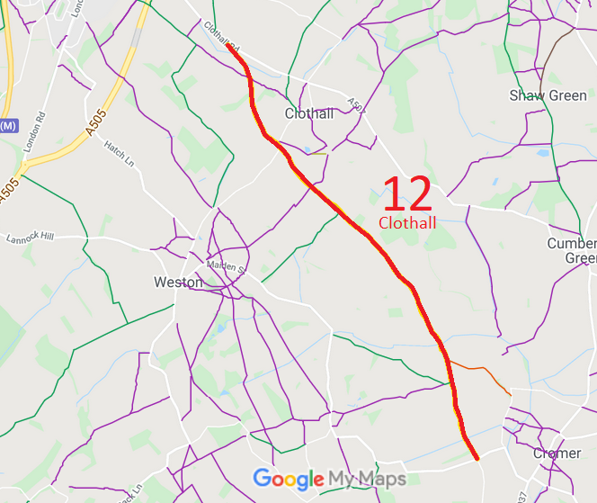Map showing Clothall 12 bridleway
