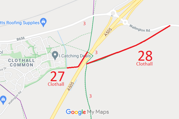 Map showing Clothall 27 and 28 bridleways
