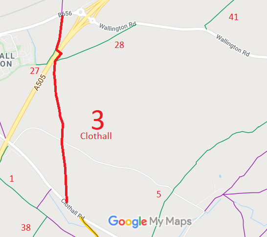 Map showing Clothall 3 bridleway