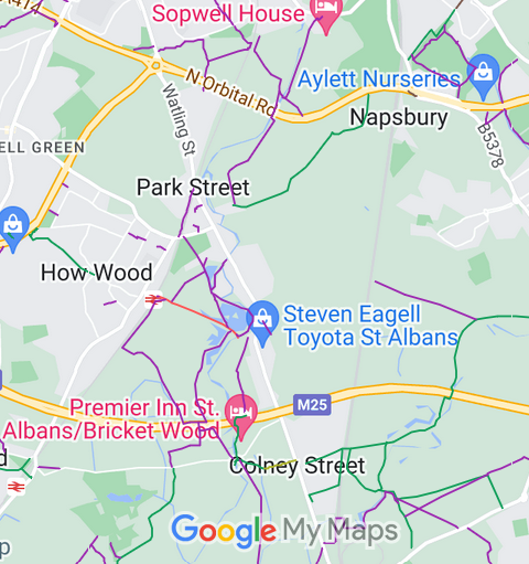 Map showing area of planned routes
