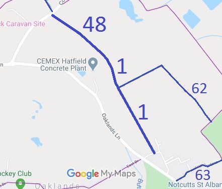 Map showing Colney Heath 1 bridleway