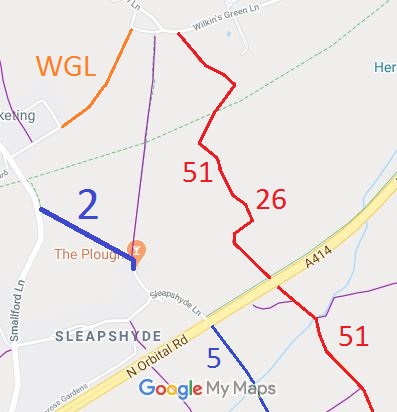 Map showing Colney Heath 2 bridleway