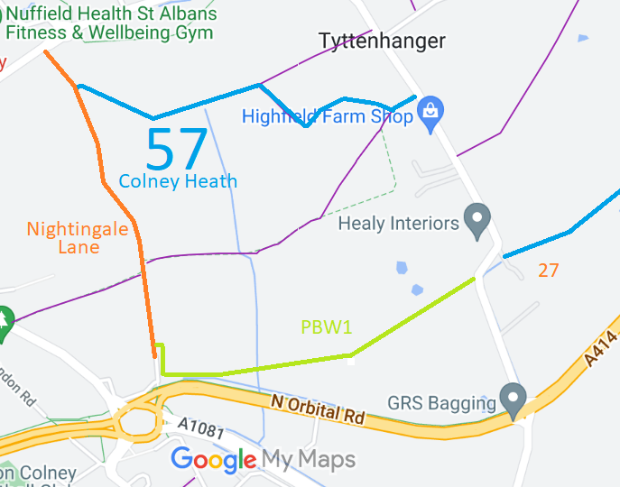 Map showing recorded Colney Heath paths