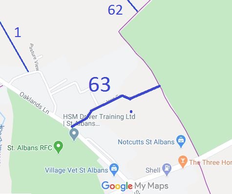 Map showing Colney Heath 63 bridleway