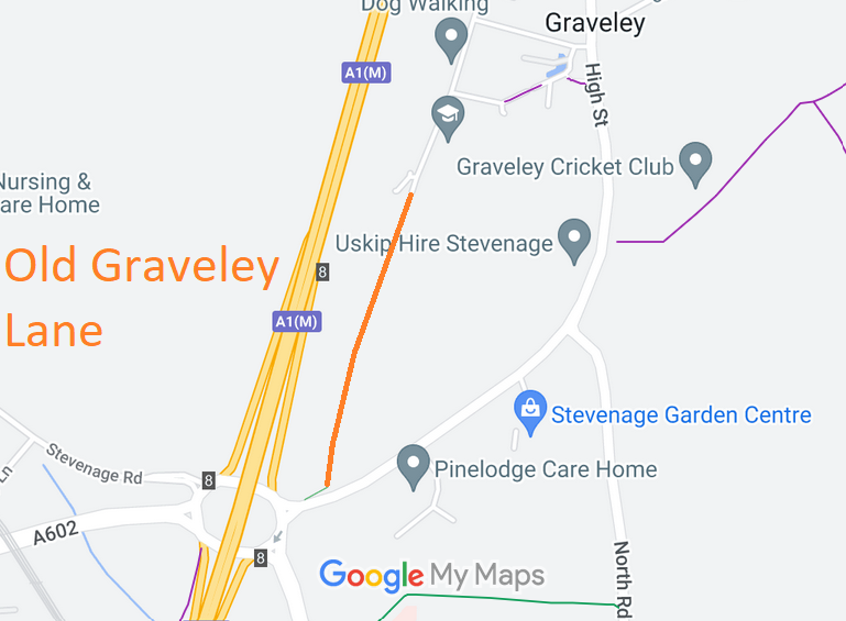 Map showing recorded Graveley and Stevenage paths