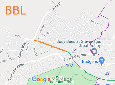 Map showing Bottany Bay Lane on the Stevenage and Great Ashby border