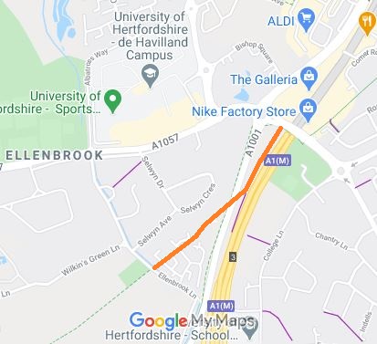 Map showing Hatfield 184 and part of the Alban Way