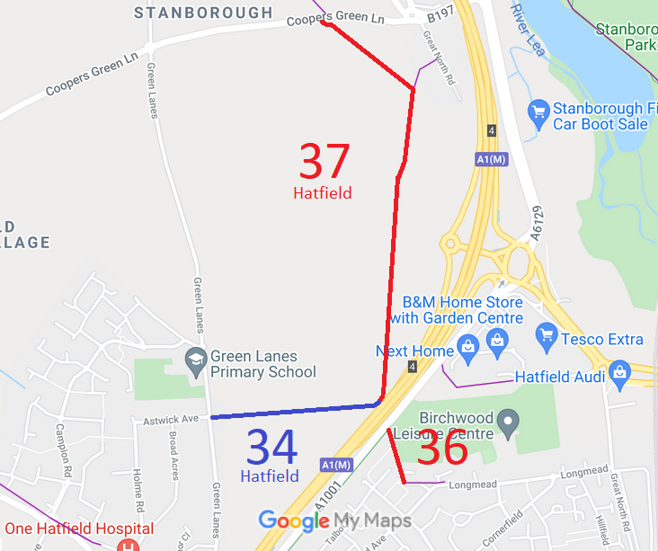 Map showing Hatfield paths 34 and 36