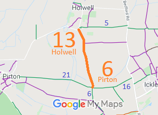 Map showing Holwell 13 and Pirton 6 path