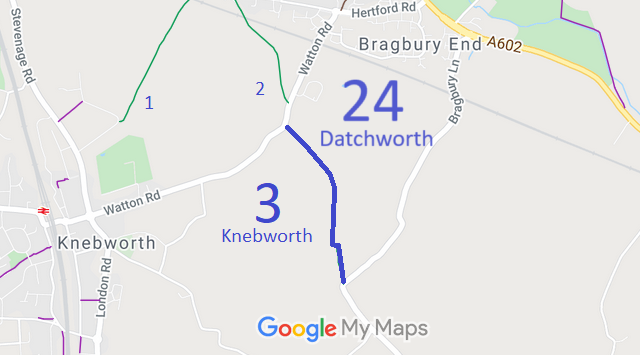 Map showing Datchworth 24 and Knebworth 3