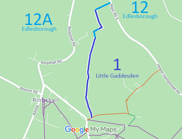 Map showing Edlesborough 12 and 12A and Little Gaddesden 1