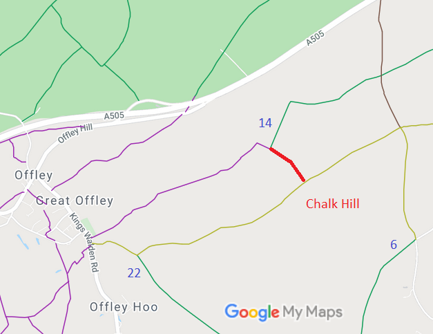 Map showing Offley unrecorded route