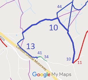 Map showing Ridge 10 and 13 bridleways