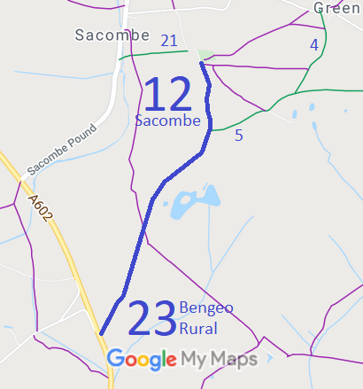 Map showing Bengeo Rural 23 and Sacombe 12
