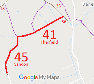 Map showing Therfield 41 and Sandon 45