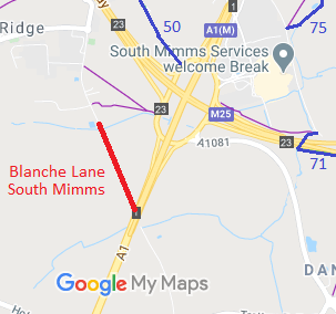 Map showing Blanche Lane, South Mimms
