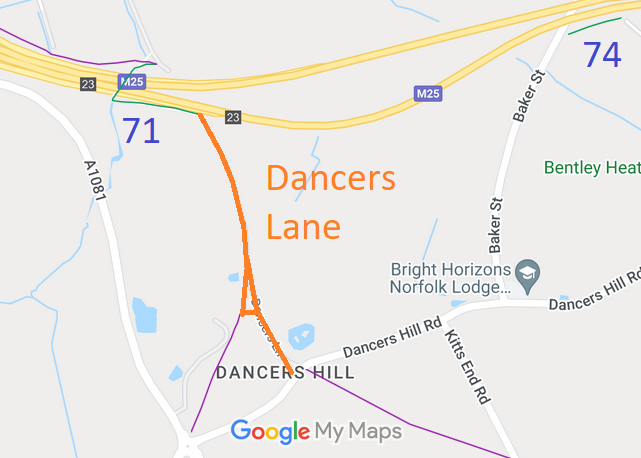 Map showing Dancers Lane, South Mimms