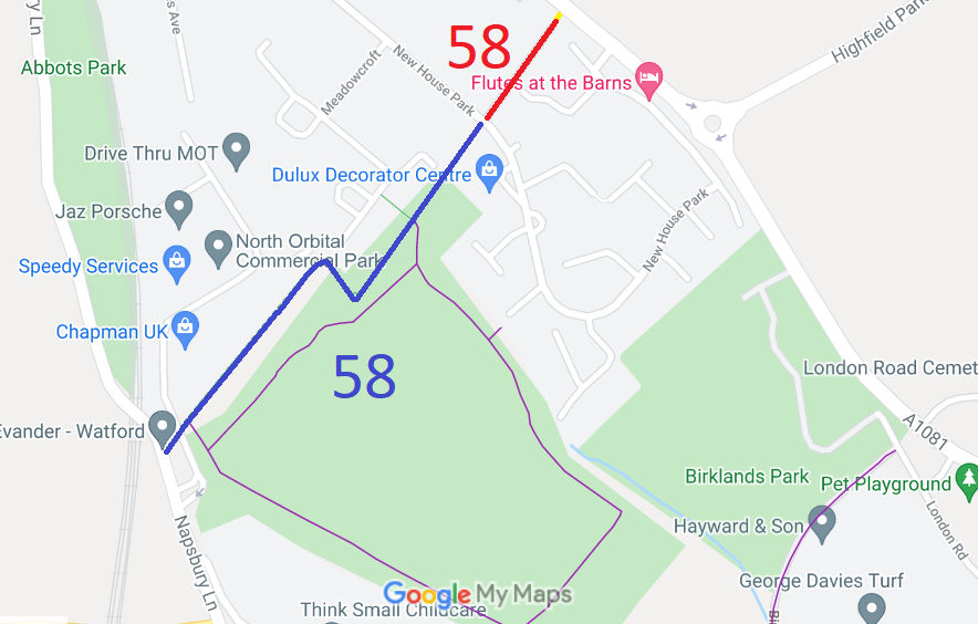 Map showing St Albans City 58 bridleway and byway