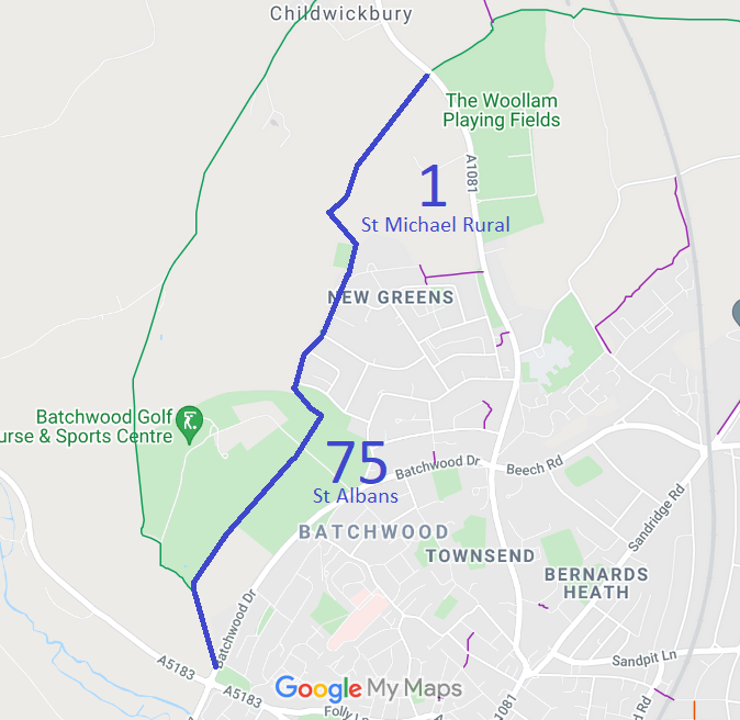 Map showing St Albans City 75 bridleway