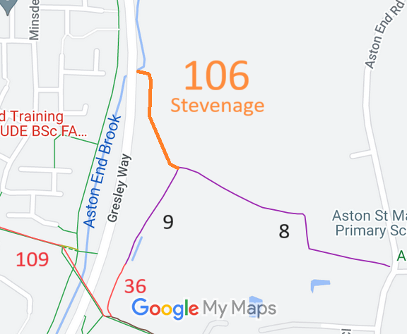 Map showing recorded Stevenage and Aston paths