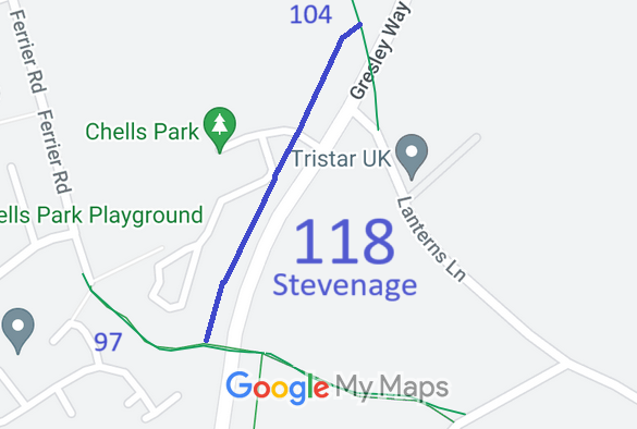 Map showing SHPR from Stevenage 97 to Stevenage 104