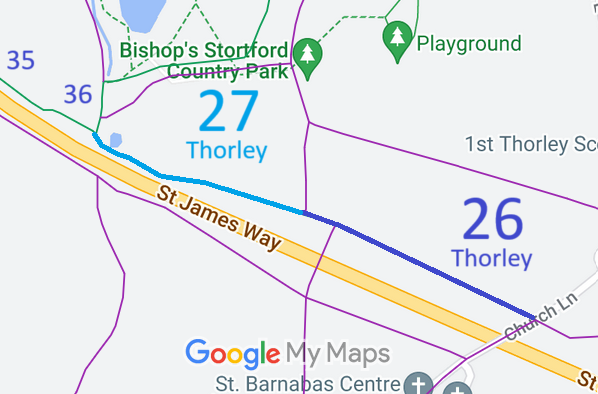 Map showing recorded Thorley paths