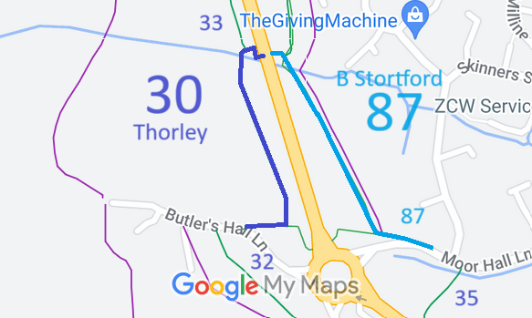 Map showing recorded Thorley paths