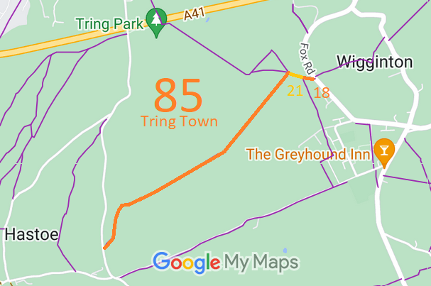 Map showing Tring Town 21, 85 and Wigginton 18