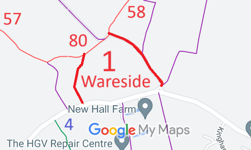 Map showing recorded Wareside paths