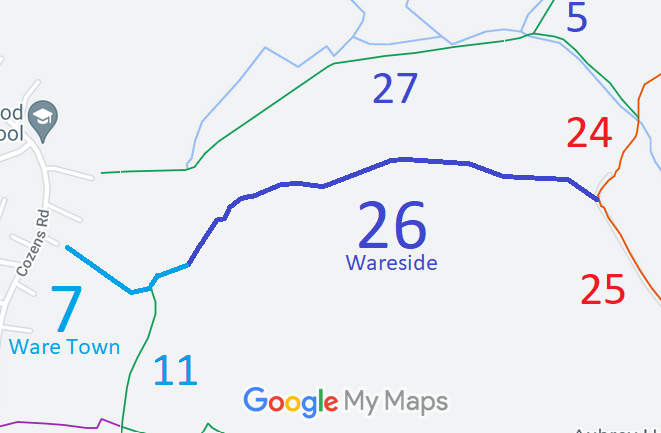 Map showing recorded Ware Town and Wareside paths