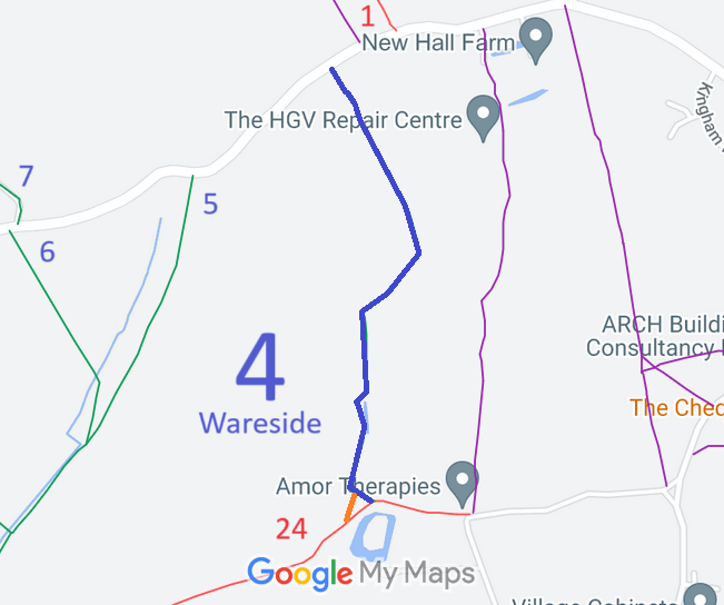 Map showing recorded Wareside paths