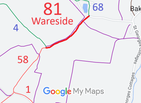 Map showing recorded Wareside paths