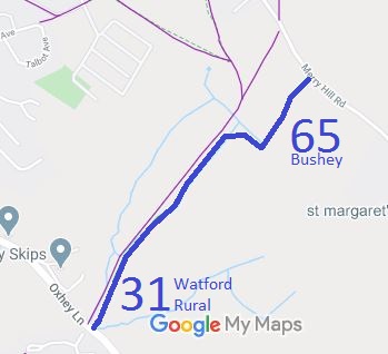 Map showing Watford Rural 31 and Bushey 65
