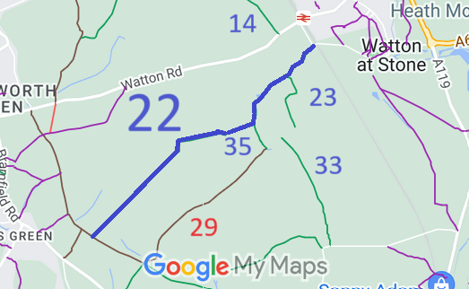 Map showing Watton-at-Stone 22 bridleway